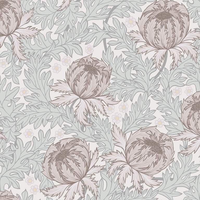 Gray, Purple, Pink wallpaper with floral, leaf, and large-scale patterns