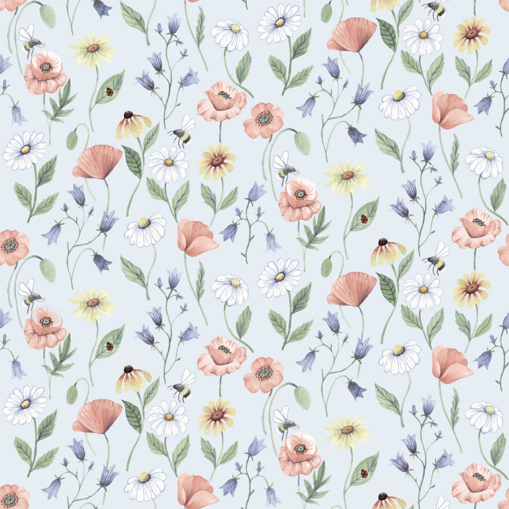 Blå, Multifärgat tapet med Blommigt mönster