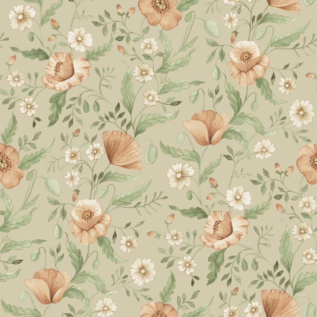 Orange, Beige Wallpaper with Floral Pattern