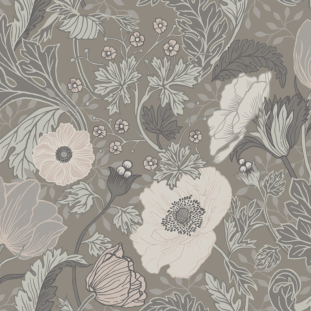 Brown, Beige Wallpaper with a Floral, Large-Scale Pattern