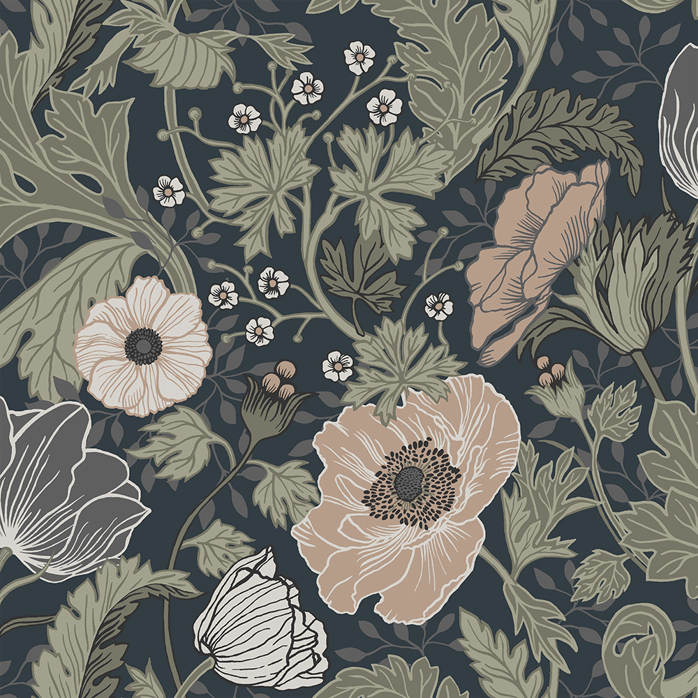 Blue, Black Wallpaper with Leaves, Floral, Large-Scale Pattern