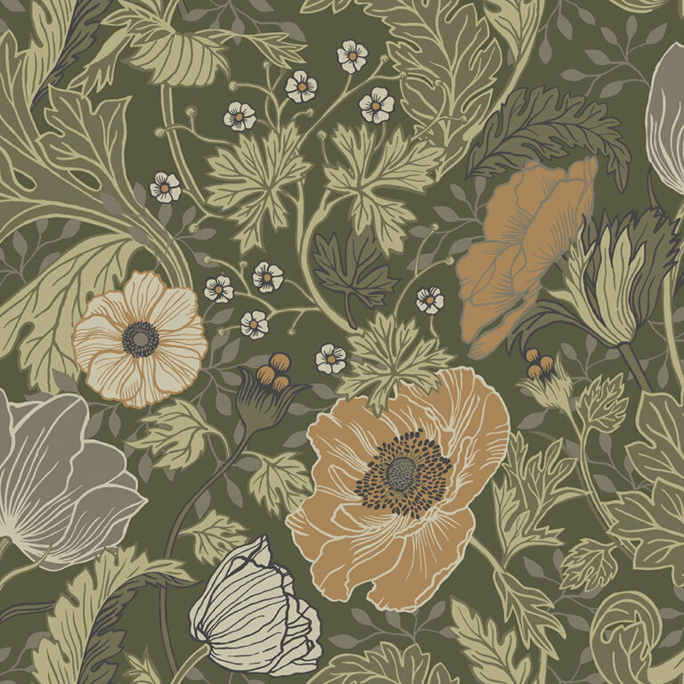 Green, Orange Wallpaper with Floral, Leaf, and Large-Scale Patterns