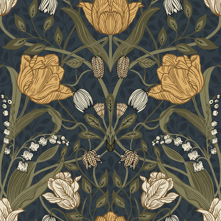 Blue and Yellow Wallpaper with Storm Pattern, Leaves, Floral Pattern