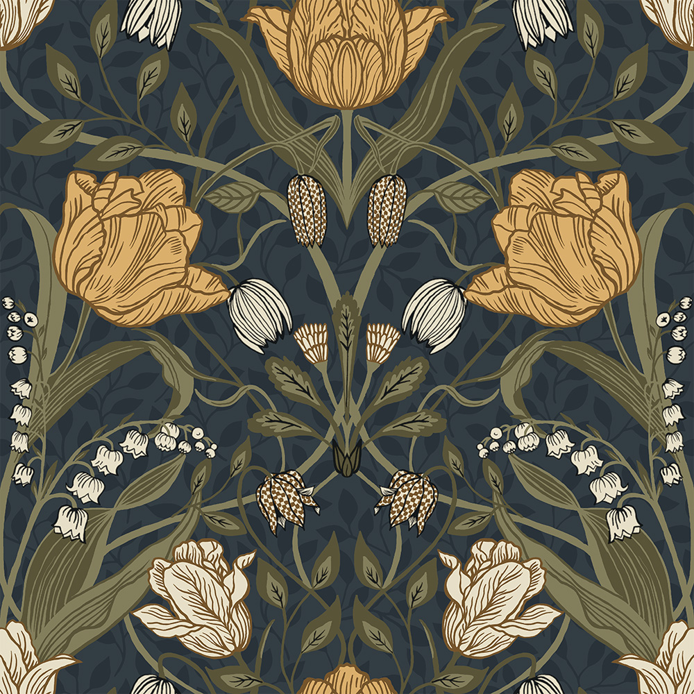 Blue and Yellow Wallpaper with Storm Pattern, Leaves, Floral Pattern