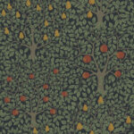 Green wallpaper with leaves, fruit, and forest patterns