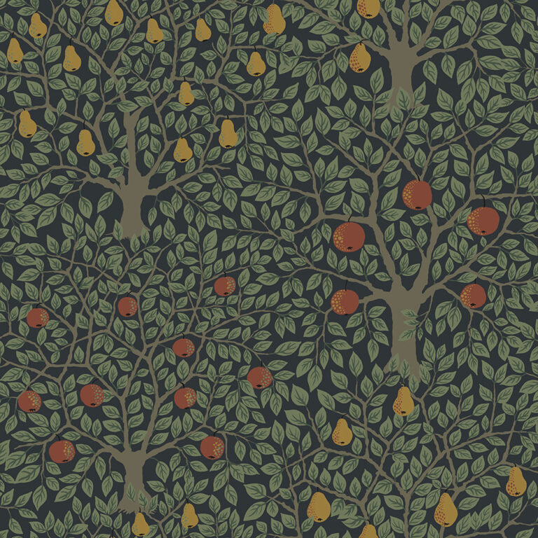 Green wallpaper with leaves, fruit, and forest patterns