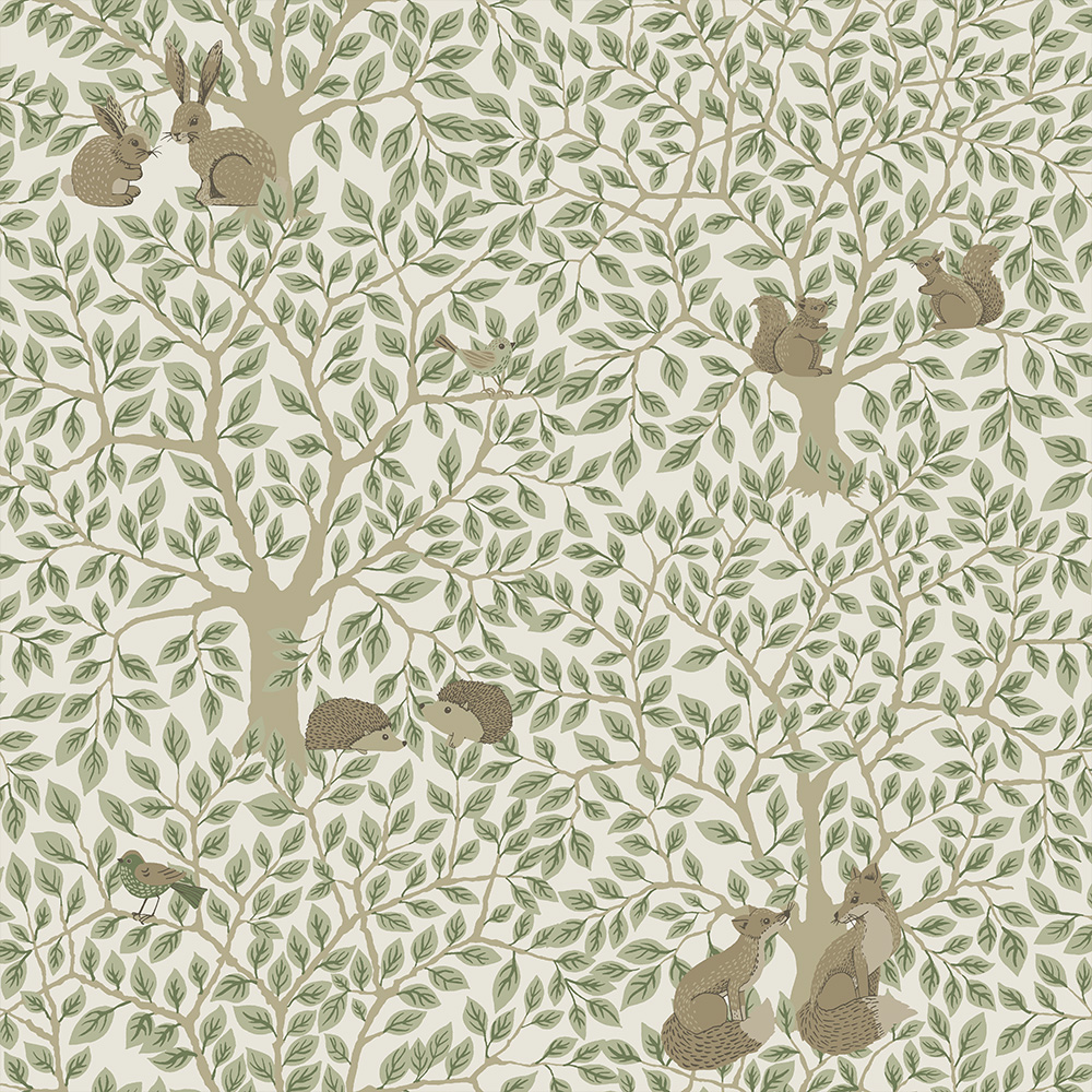 Grön, Beige tapet med Blad, Barn, , Skog, Djur mönster