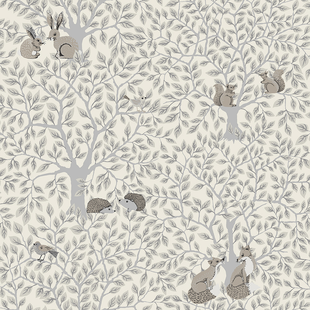 Grå, Beige, Vit tapet med Blad, Barn, , Skog, Djur mönster