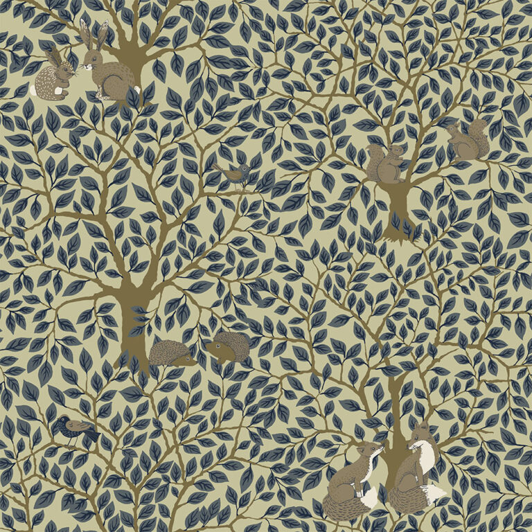 Green, Blue wallpaper with leaves, children, , forest, animals, and birds patterns