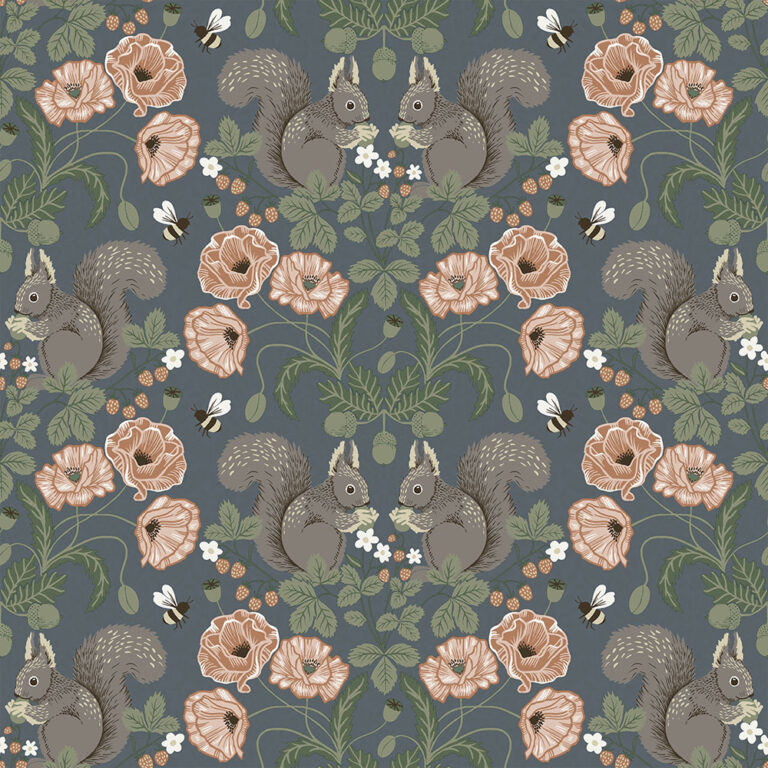 Blue, Gray wallpaper with floral, , children's, and animal patterns