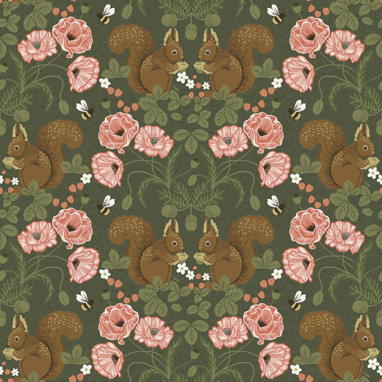 Green, Pink wallpaper with floral, children's, and animal patterns