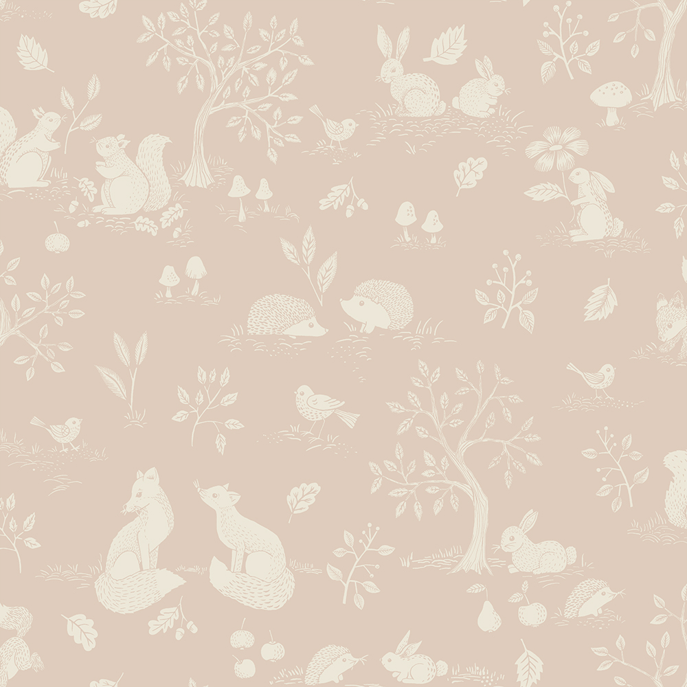 Pink wallpaper with children and animal patterns