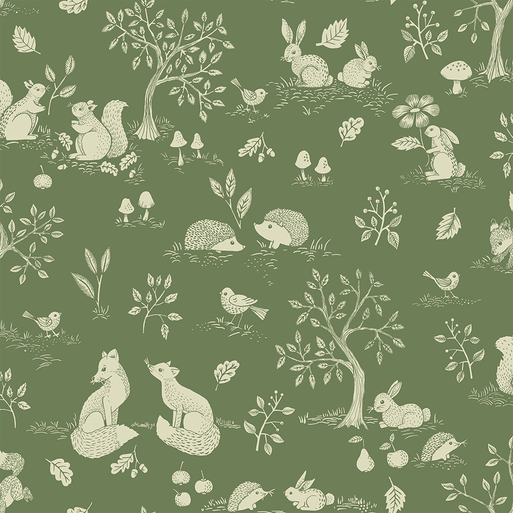 Green wallpaper with leaf, children, animals, and forest patterns