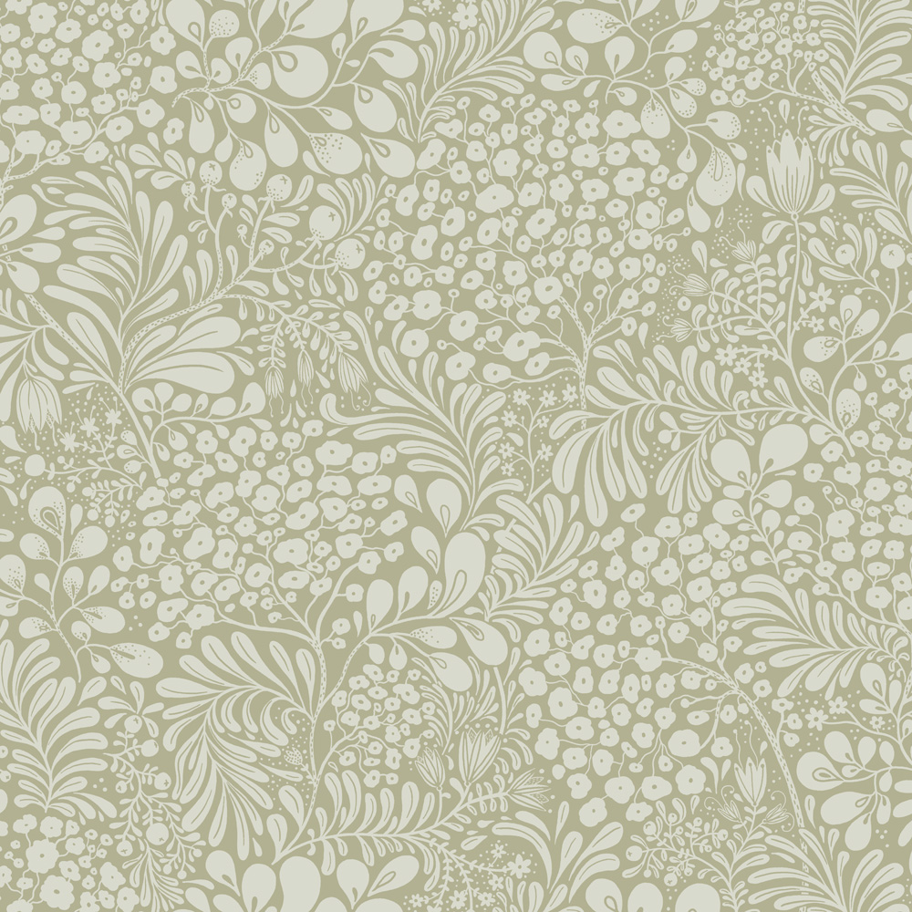 Green wallpaper with a floral and leaf pattern