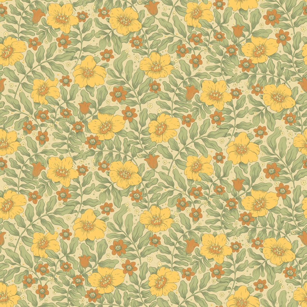Yellow wallpaper with a floral, retro pattern