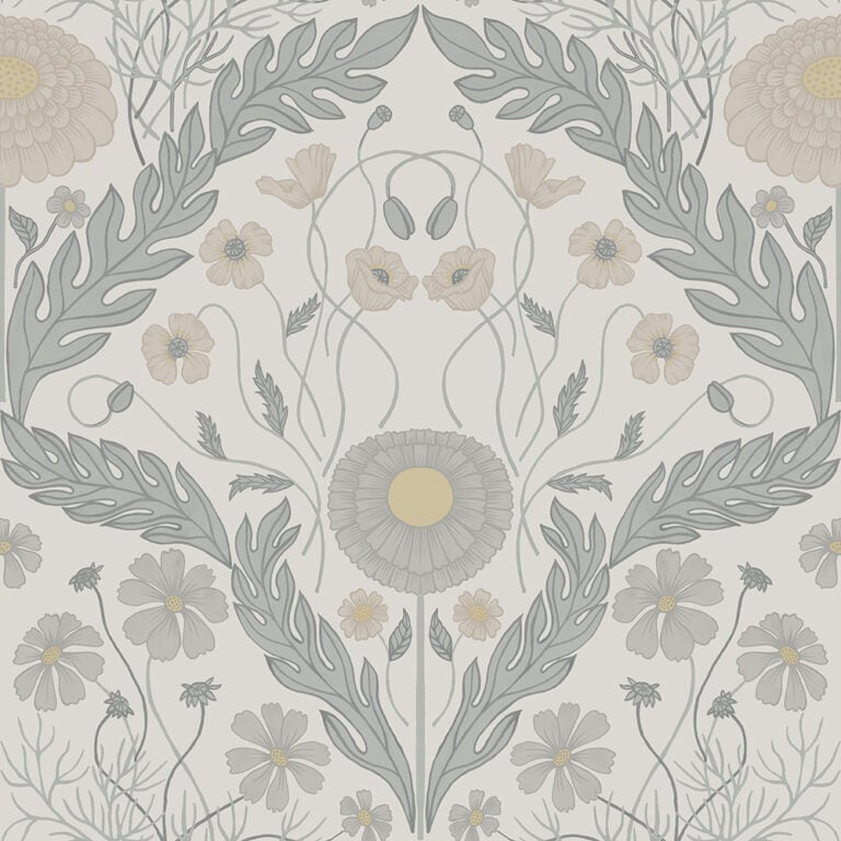 Gray, Beige Wallpaper with Floral, , Large-Scale Pattern