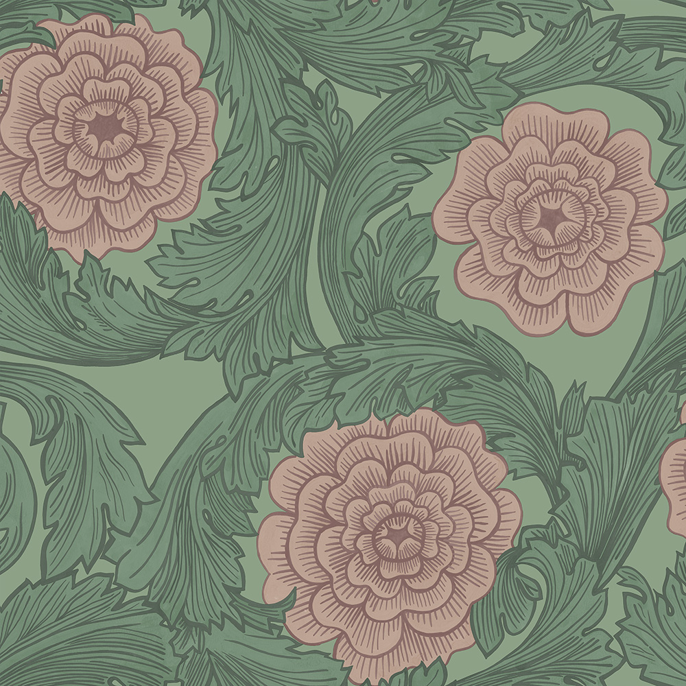 Grön, Rosa tapet med Blommigt, Stormönstrat mönster