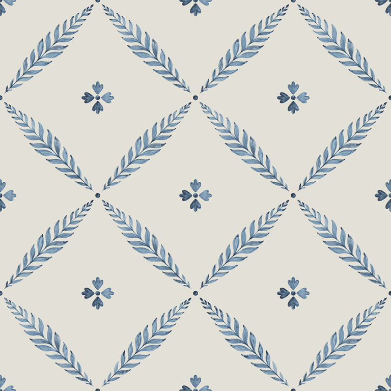 Blue wallpaper with leaves, floral, and large-scale patterns