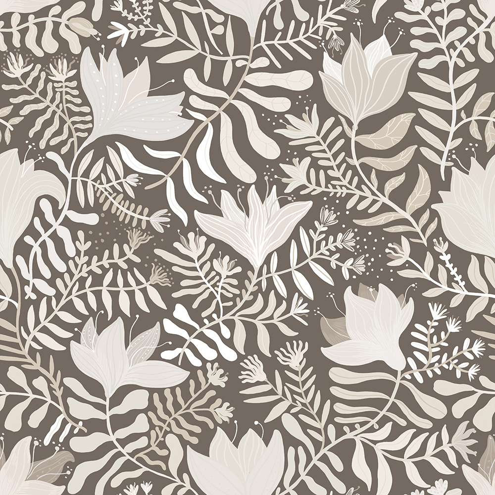 Gray wallpaper with a floral, large-scale pattern