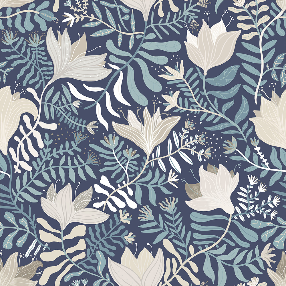 Blue wallpaper with a floral, large-scale pattern
