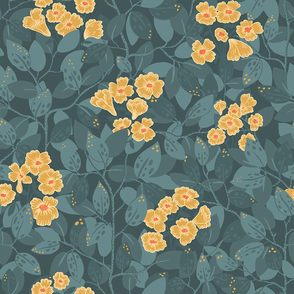 Yellow and blue wallpaper with a floral pattern