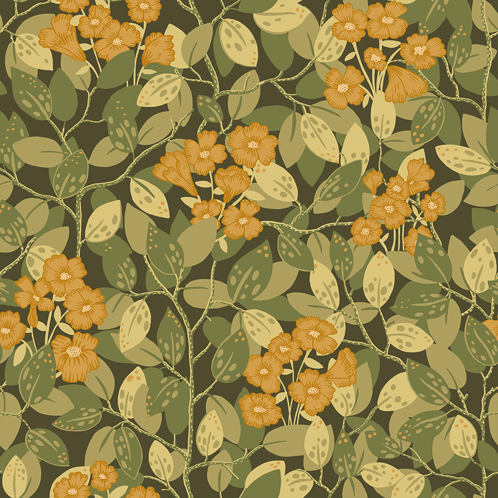 Green and yellow wallpaper with a floral pattern