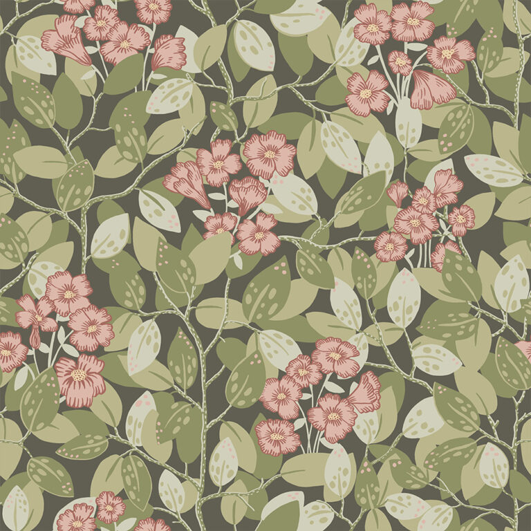 Green, Pink wallpaper with floral and leaf patterns