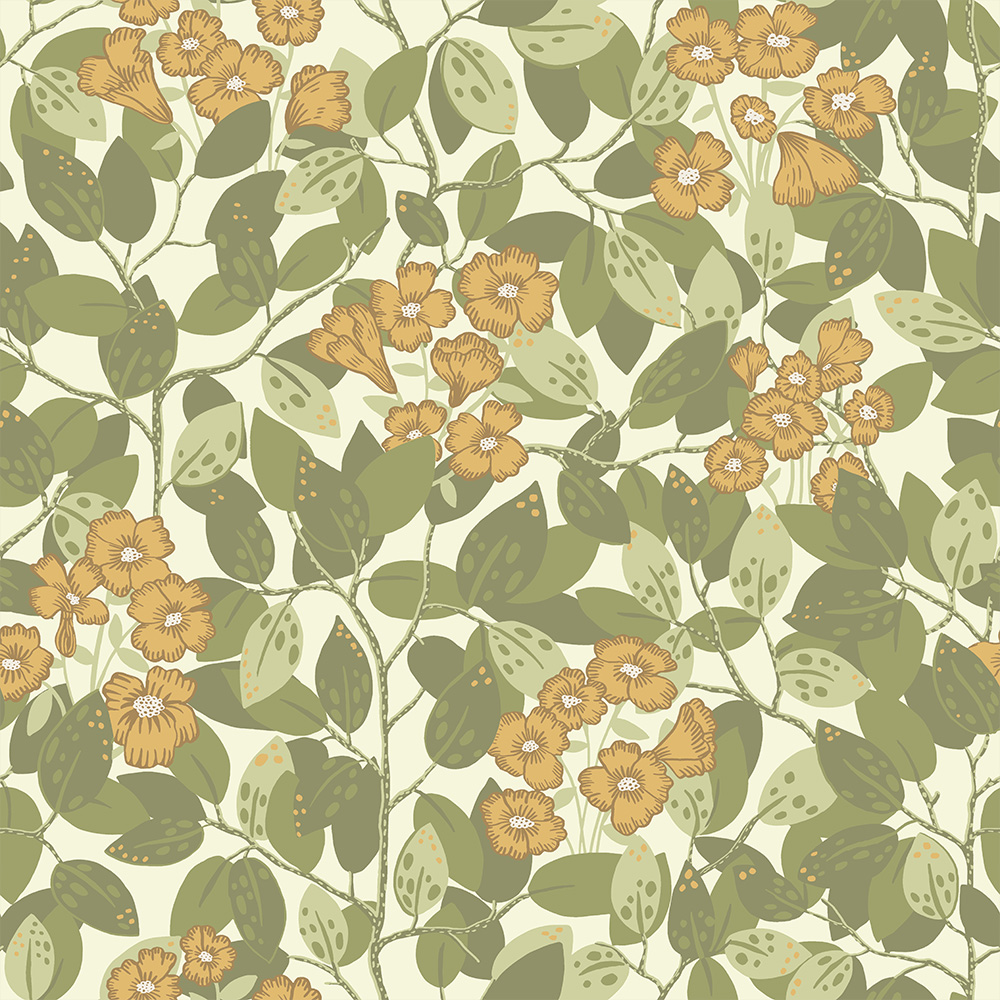 Green, Yellow wallpaper with floral and leaf patterns