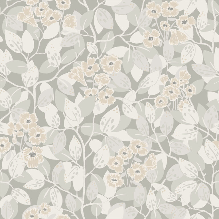 Gray, neutral wallpaper with a floral, leaf pattern