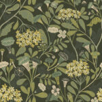 Green wallpaper with floral and leaf patterns