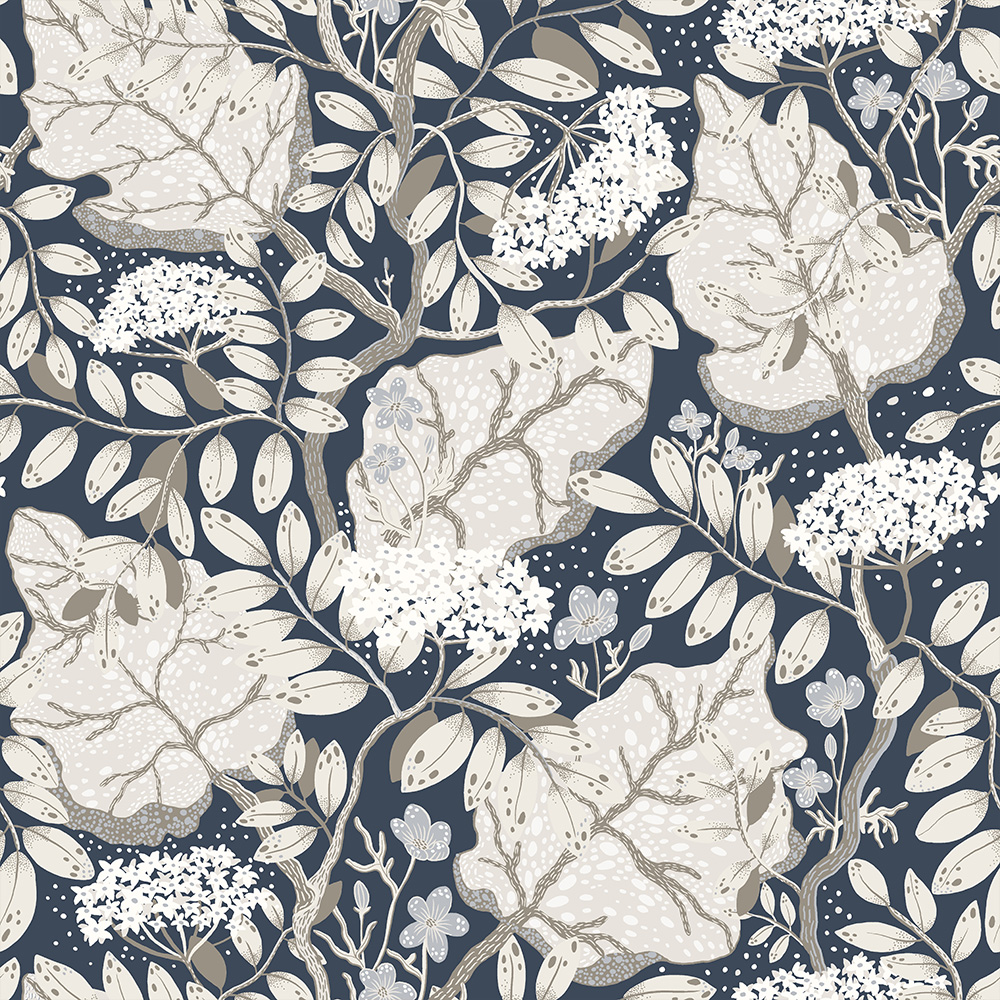 Blue wallpaper with floral and leaf patterns