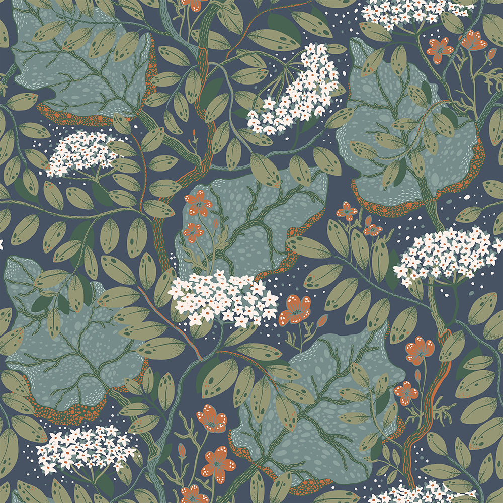 Multicolored, Blue, Green wallpaper with floral and leaf patterns
