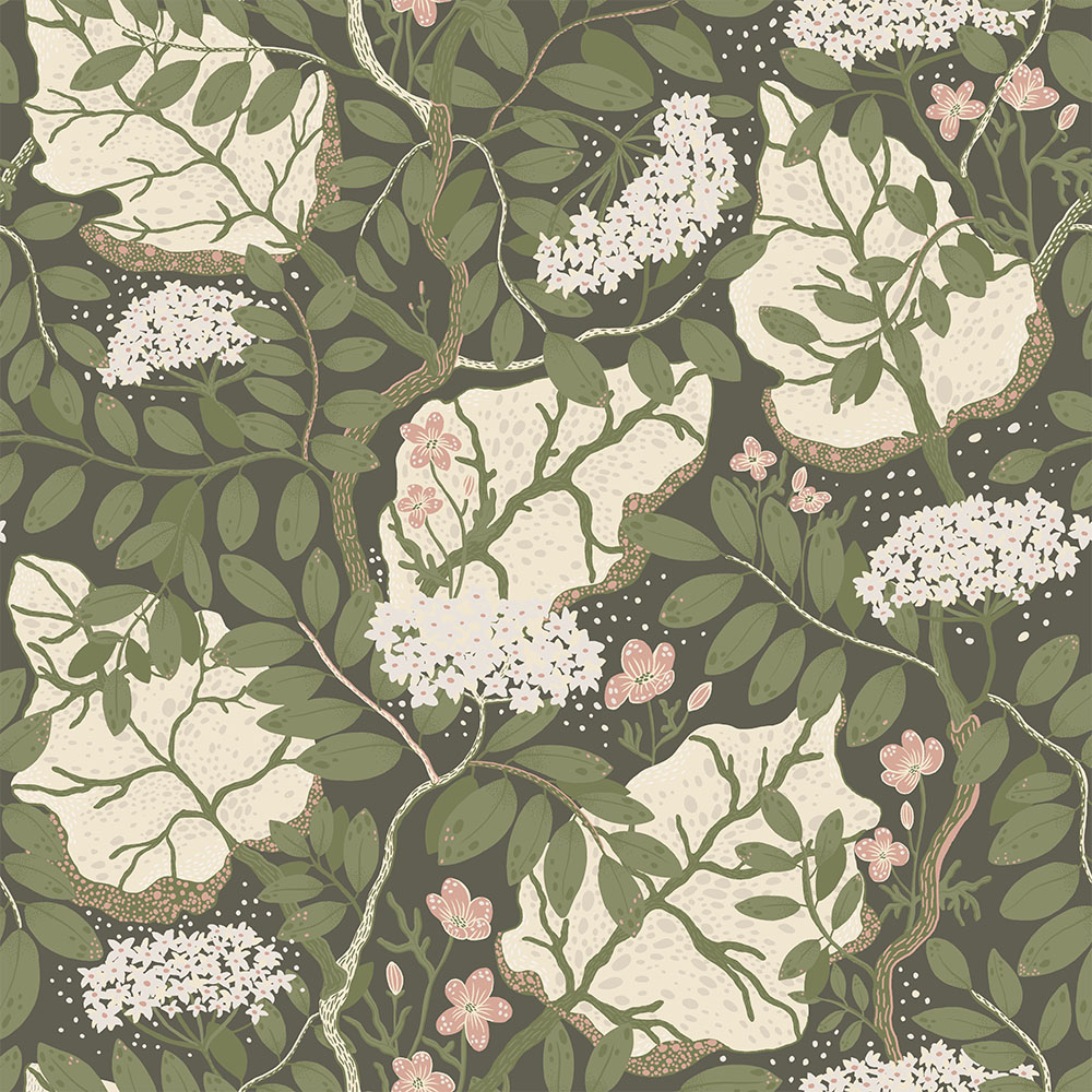 Green wallpaper with floral and leaf patterns