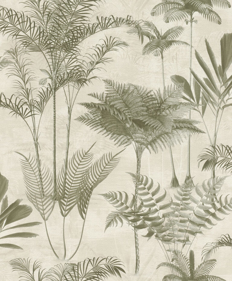Beige and Green Wallpaper with a Forest Pattern
