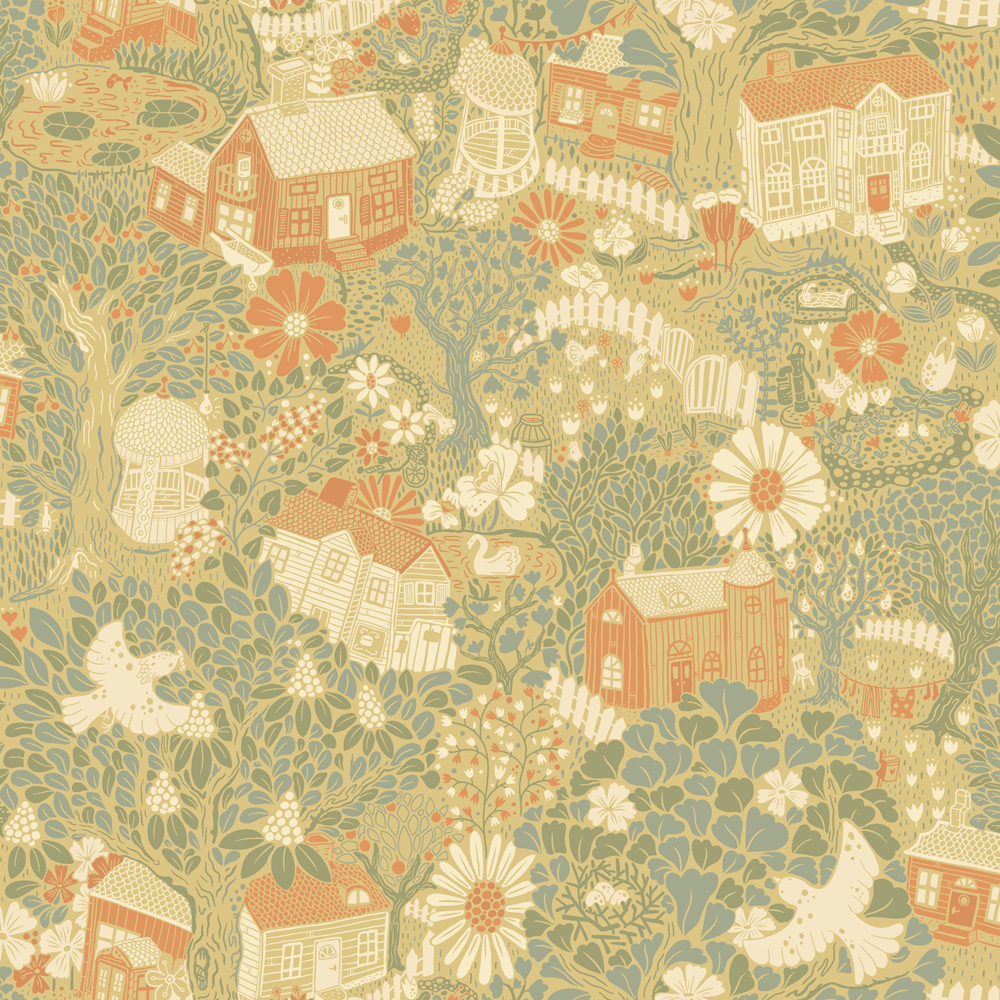 Yellow wallpaper with children, floral, and forest patterns