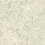 Green wallpaper with children, floral, and forest patterns
