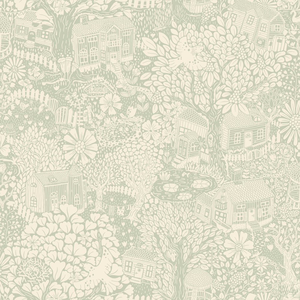 Green wallpaper with children, floral, and forest patterns