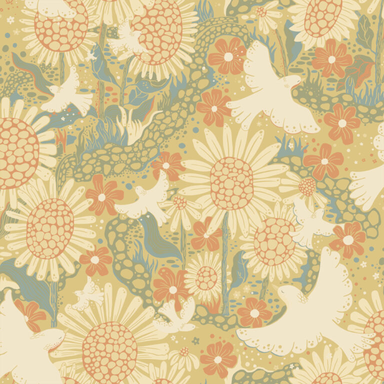 Yellow, Multicolored wallpaper with children, floral, animals, and birds patterns