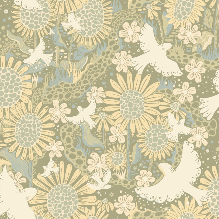 Green wallpaper with children, floral, animals, birds, and youth patterns