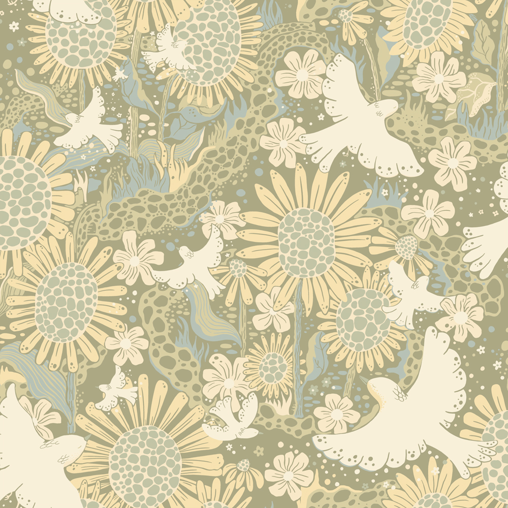 Green wallpaper with children, floral, animals, birds, and youth patterns