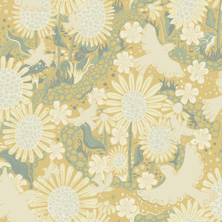 Yellow wallpaper with floral, children's, animal, and bird patterns