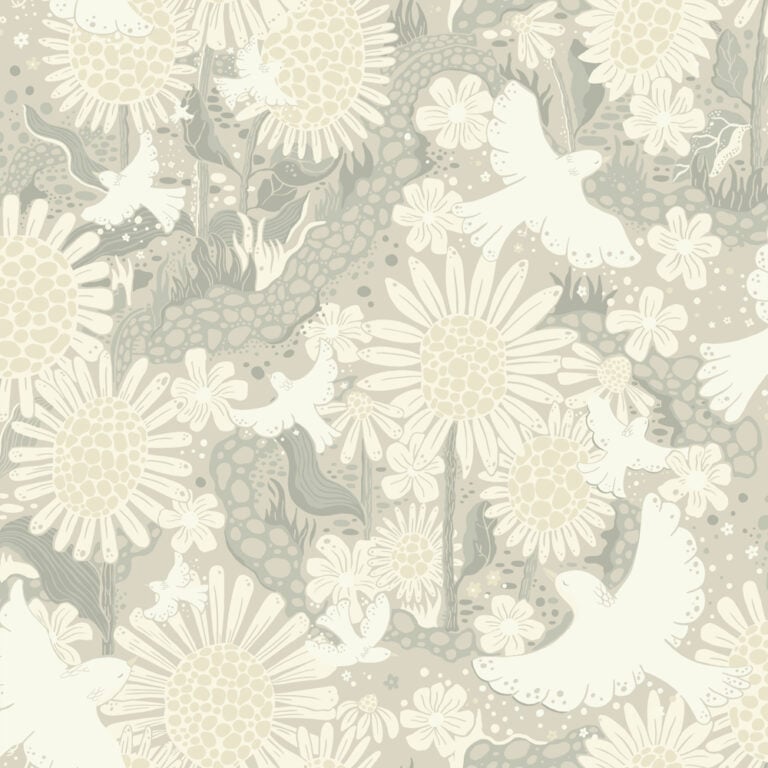 Gray wallpaper with children, floral, , animals, and birds patterns