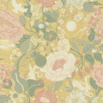 Yellow wallpaper with children, floral, and patterns