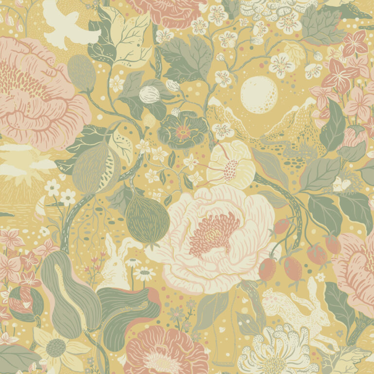 Yellow wallpaper with children, floral, and patterns