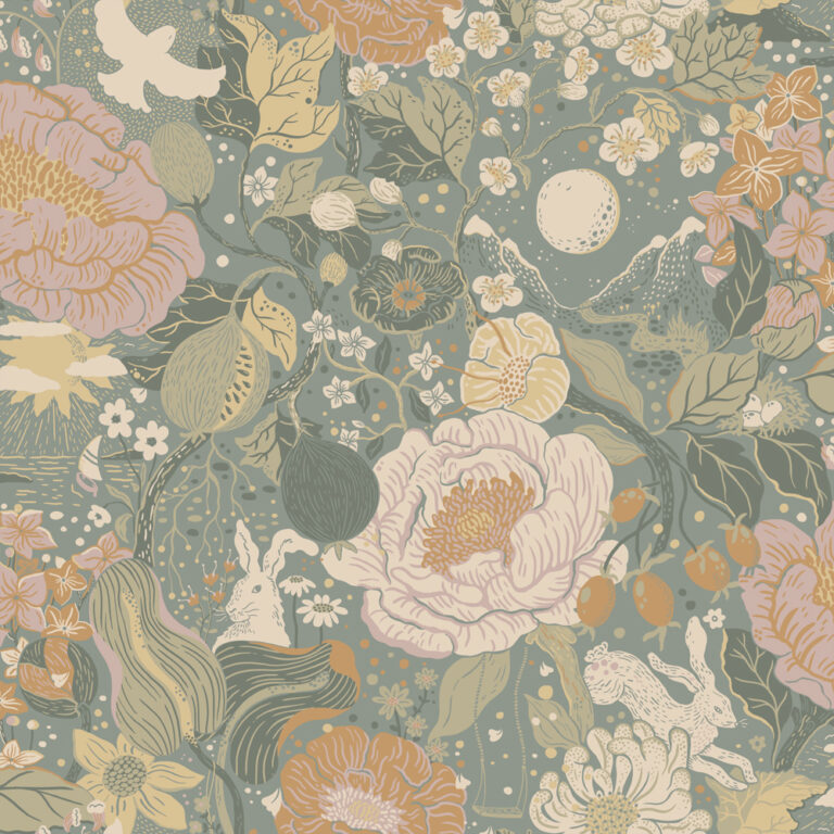 Blue, Multicolored, Green wallpaper with children, Floral, , Animal patterns