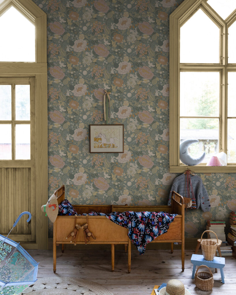 Floral-themed children's room with an old-fashioned wooden convertible bed