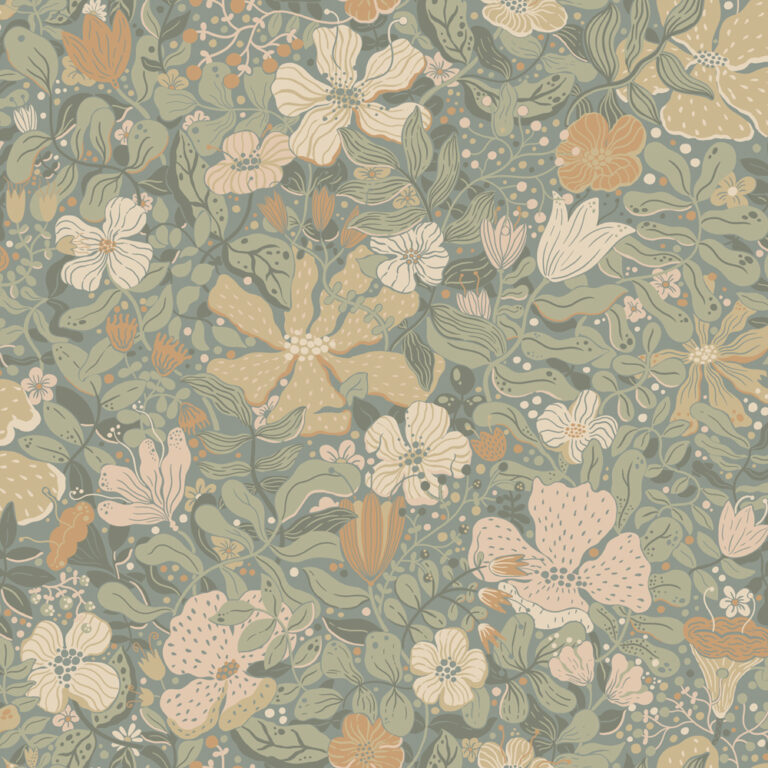 Blue, Multicolored Wallpaper with Children, , Floral Pattern