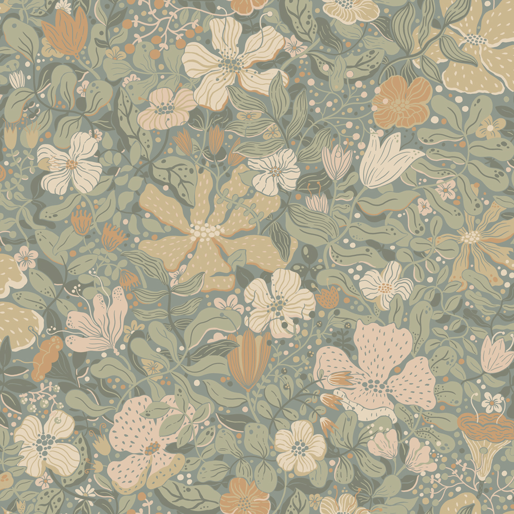 Blue, Multicolored Wallpaper with Children, , Floral Pattern