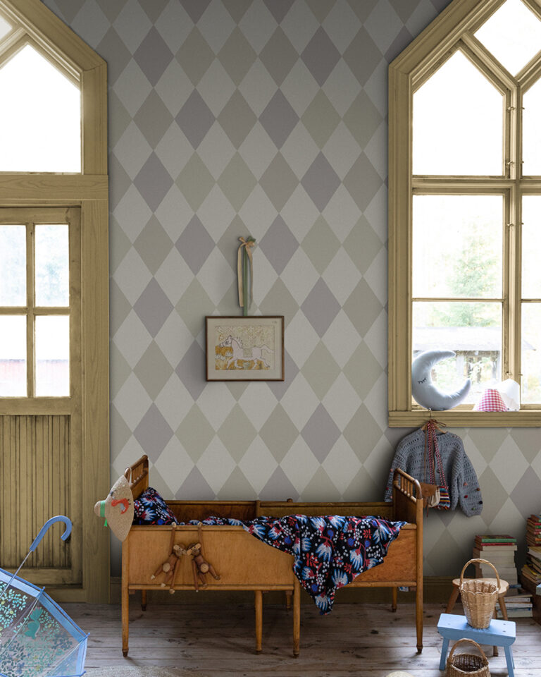 Checkered children's wallpaper in a child's room with toys and large windows