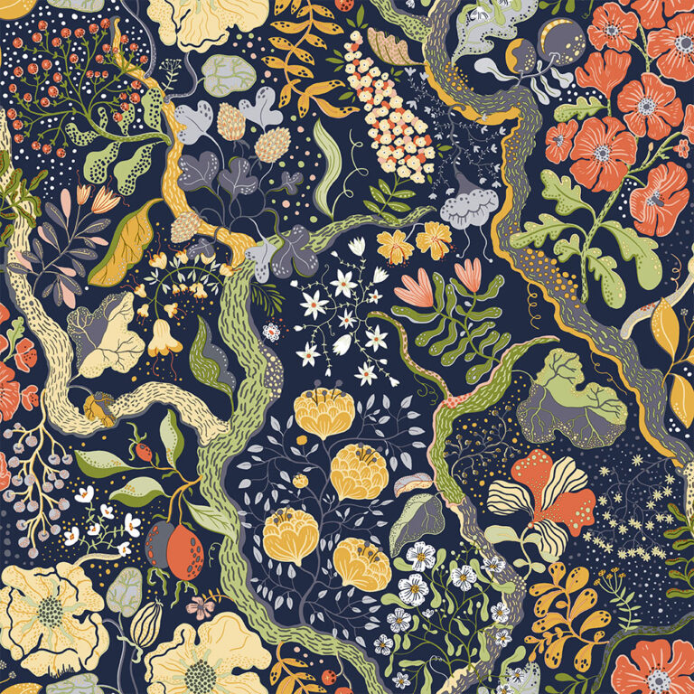Multicolored, blue wallpaper with floral, leaf, and fruit patterns